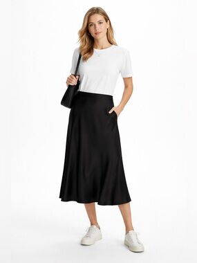 J.Crew Gwyneth Slip Skirt AC467 Black Satin Midi Elastic Waist 90s Minimalist